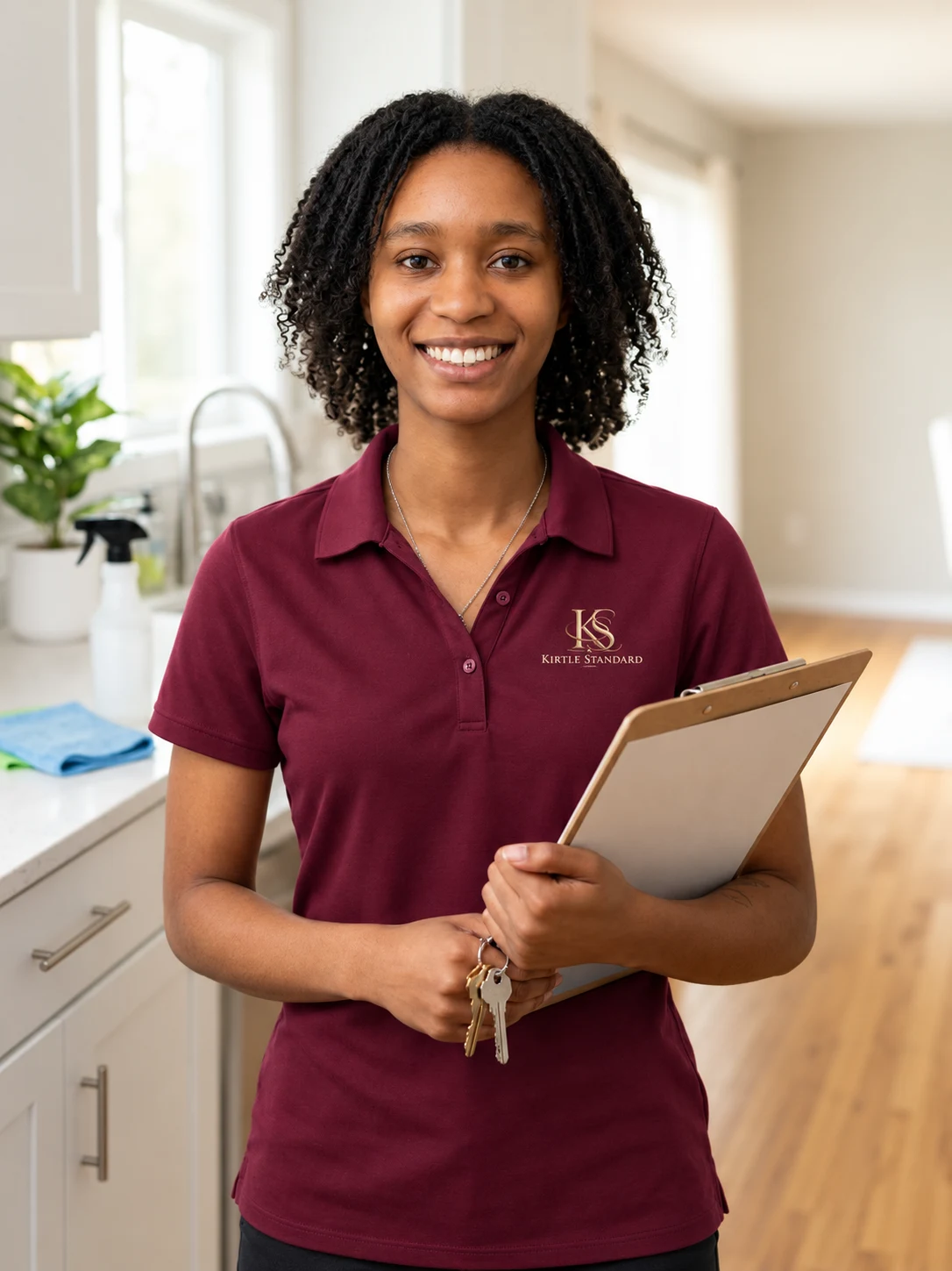 Ms.Kirtle in a burgundy Kirtle Standard polo, holding a clipboard in a bright kitchen